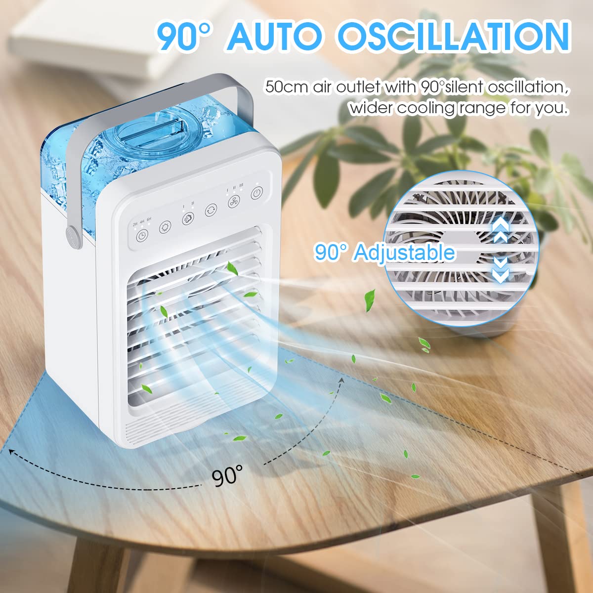 Portable Air Conditioner, 90° Oscillating Evaporative Personal Air Cooler Humidifier with 4 Wind Speeds, Timer & LED Light, USB Quiet Fast Cooling Fan for Home, Office, Bedroom, Car, Camping - White