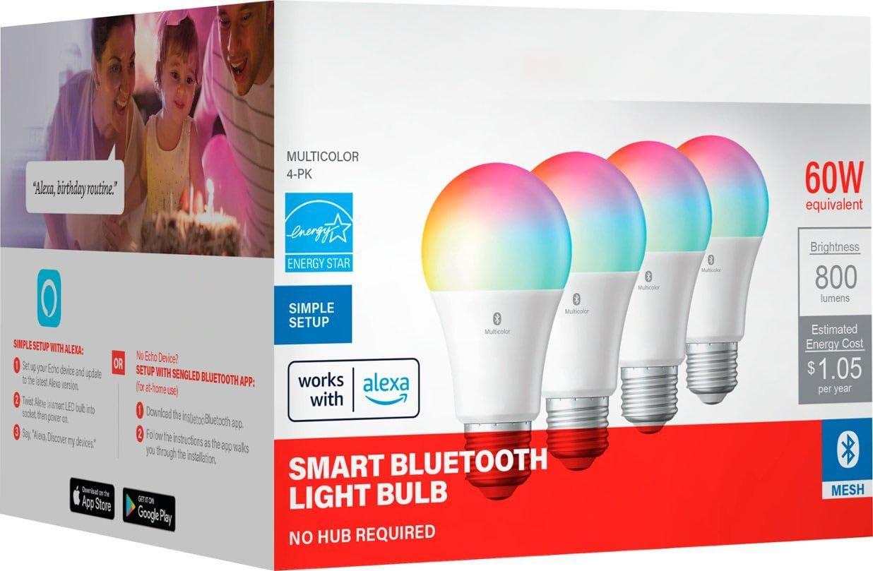 Smart Light Bulbs by KME, Color Changing Alexa/Bluetooth Mesh, Dimmable LED Bulb A19 E26 Multicolor, High CRI, High Brightness, 8.7W 800LM, 4/Pack