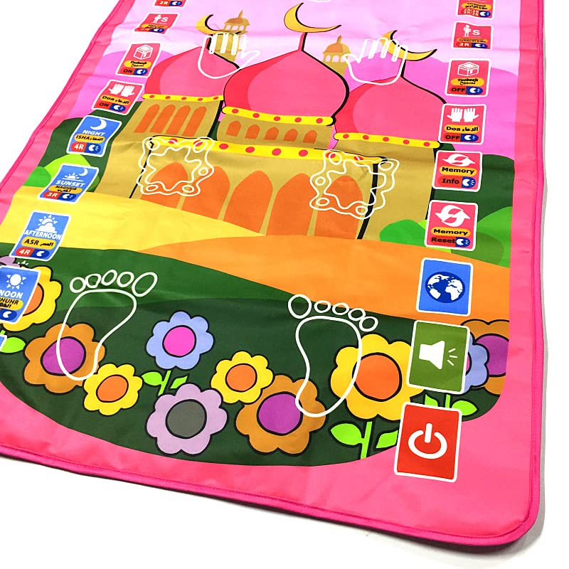 Qlonn Kids Muslim Prayer Rug - Electronic Islamic Prayer Carpet Mat, Teaching Talking Music Mat with Worship Step Guide for Kids (Pink)