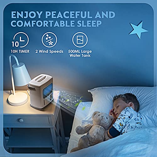 Quiet Evaporative Air Cooling Cooler - 3 in 1 Mini Air Conditioner Cooling Fan, 12H Timer 500ML Water Tank, Adjustable Angles w/2 Speeds, Ideal for Desk Table Home Room Bedroom Office Dorm