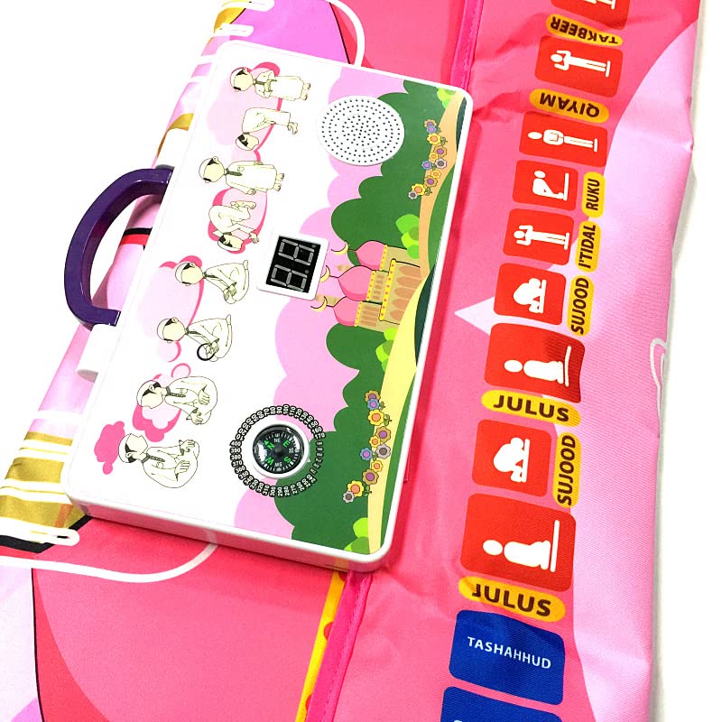 Qlonn Kids Muslim Prayer Rug - Electronic Islamic Prayer Carpet Mat, Teaching Talking Music Mat with Worship Step Guide for Kids (Pink)