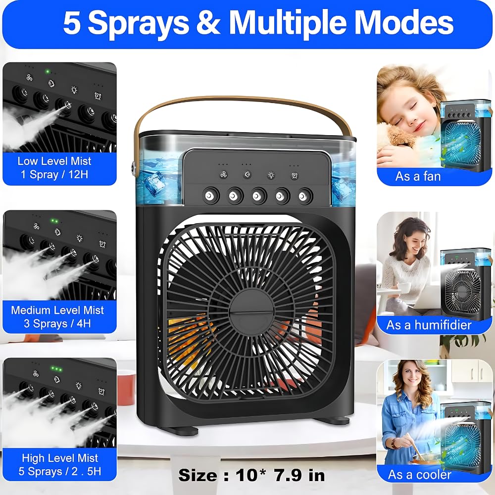Drumstone Personal Air Cooler, Portable Air Conditioner Fan, 3 Wind Speeds and 3 Spray Modes, Mini Evaporative Cooler with 7 Colors LED Light, 1/2/3 H Timer - Black