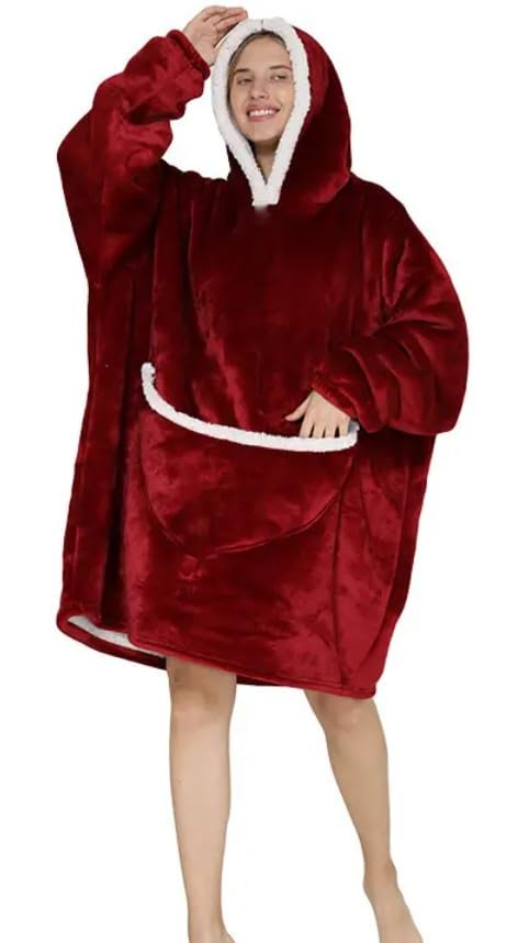 Huggle Hoodie, Plush Blanket, One Size, Wearable Blanket Sweatshirt UNISEX, Super Warm and Cozy Giant Blanket Hoodie, (wine red)