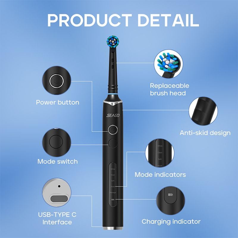 Electric Toothbrush for Adults with 3 Brush Heads, 5 Modes Rechargeable Power Toothbrush, 2 Min Smart Timer and IPX7 Waterproof (Black)