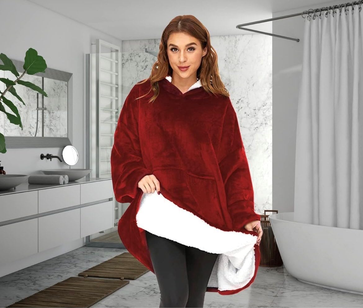 Ultra-Plush oversized wearable Blanket hoodie Sherpa Hoodies gift Men Women Adults cozy sweatshirt lounging pullover |Burgundy by KME