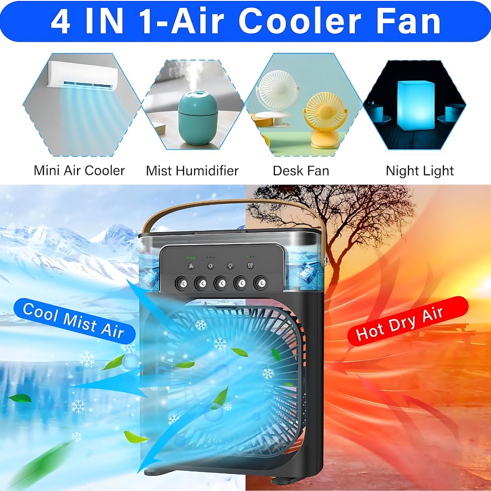 Drumstone Personal Air Cooler, Portable Air Conditioner Fan, 3 Wind Speeds and 3 Spray Modes, Mini Evaporative Cooler with 7 Colors LED Light, 1/2/3 H Timer - Black