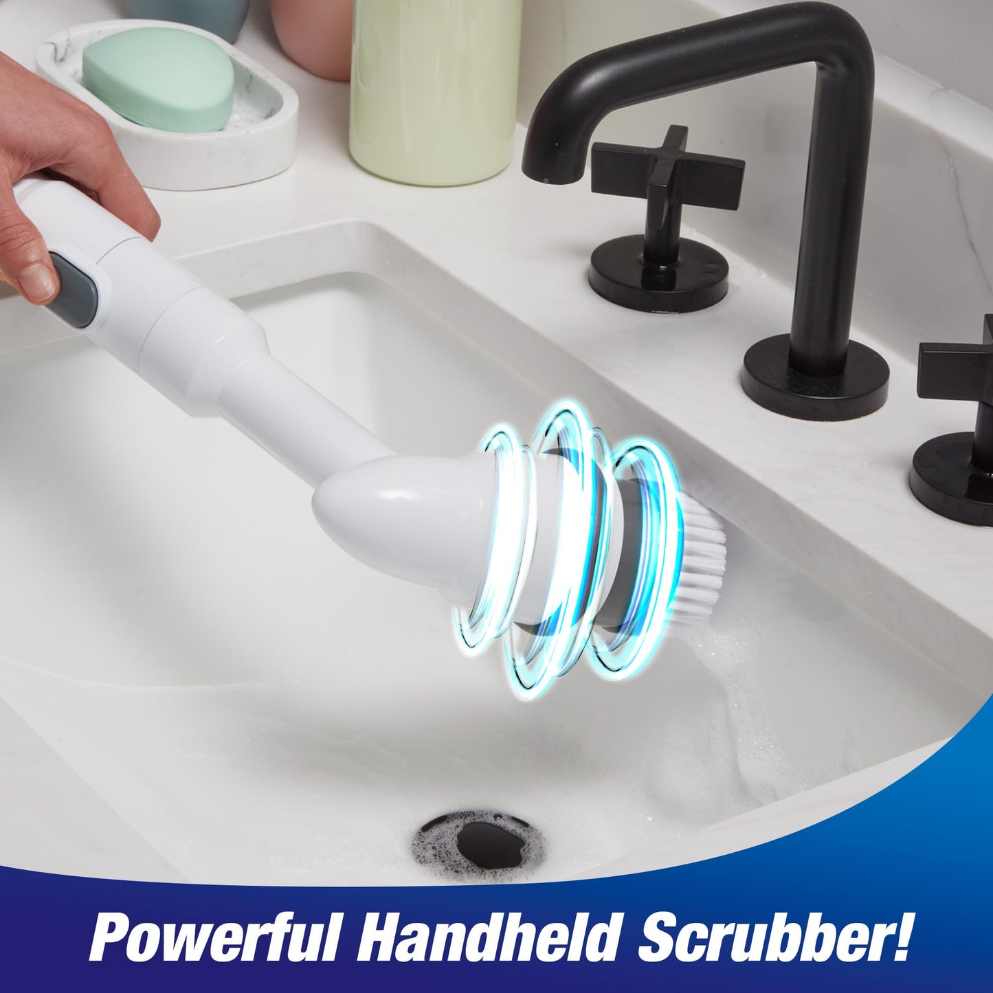 Voom Electric Spin Scrubber, Cordless Shower Spinning Brush with 2 Replaceable Brush Heads & Adjustable Handle, Rechargeable Spinning Brush for Cleaning Bathroom Tub, Floor & Wall Tiles, Car Wheels