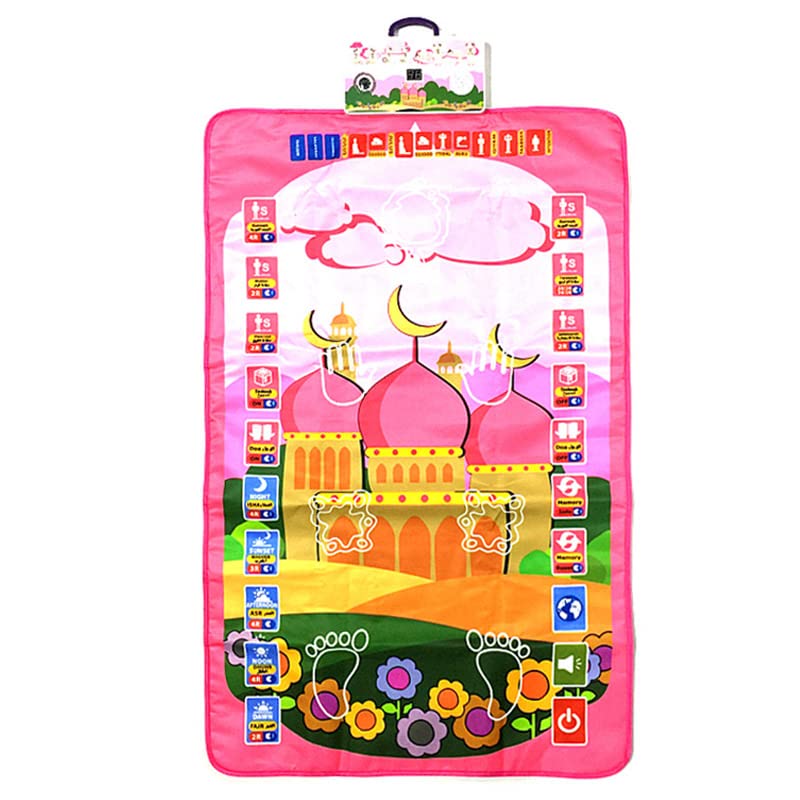 Qlonn Kids Muslim Prayer Rug - Electronic Islamic Prayer Carpet Mat, Teaching Talking Music Mat with Worship Step Guide for Kids (Pink)