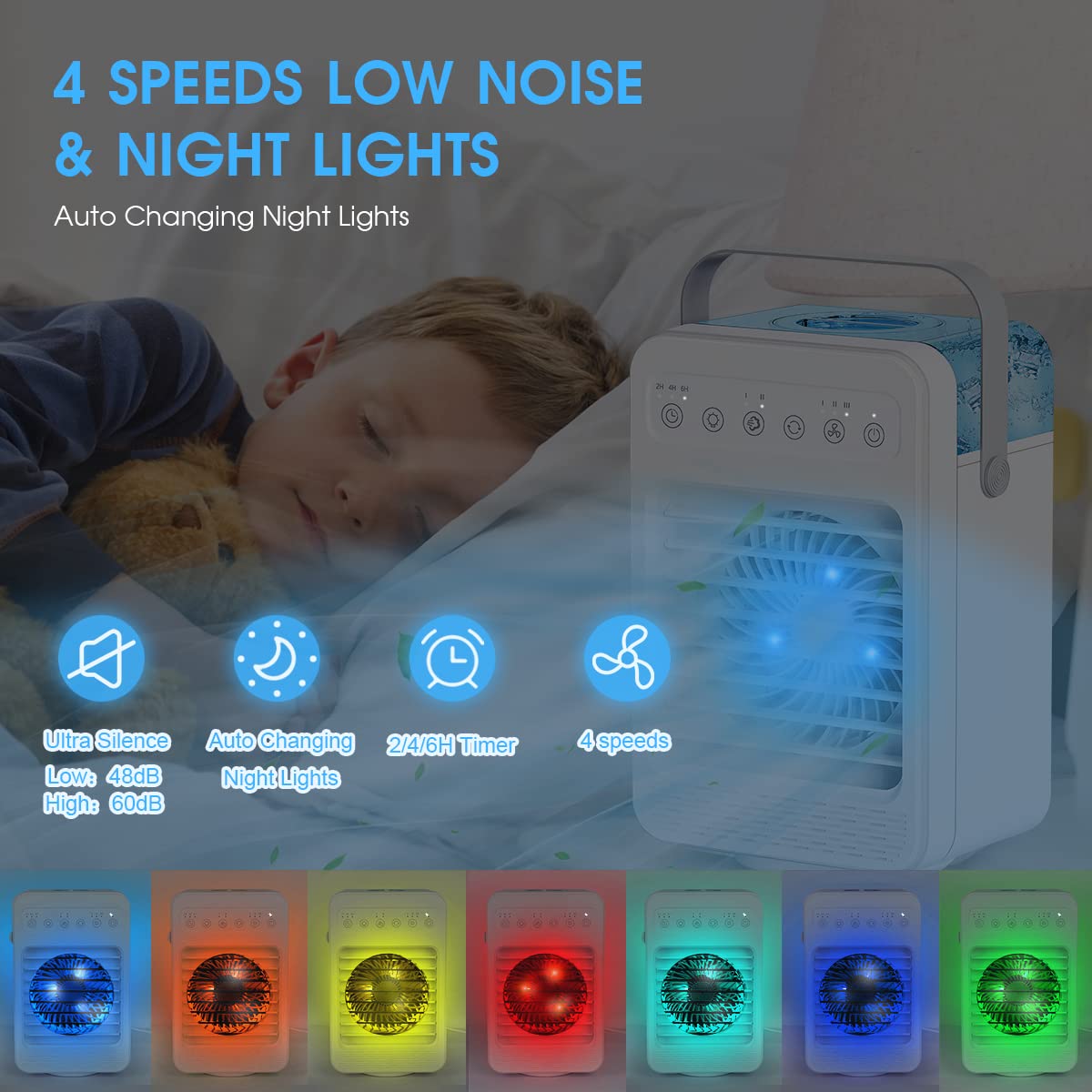 Portable Air Conditioner, 90° Oscillating Evaporative Personal Air Cooler Humidifier with 4 Wind Speeds, Timer & LED Light, USB Quiet Fast Cooling Fan for Home, Office, Bedroom, Car, Camping - White