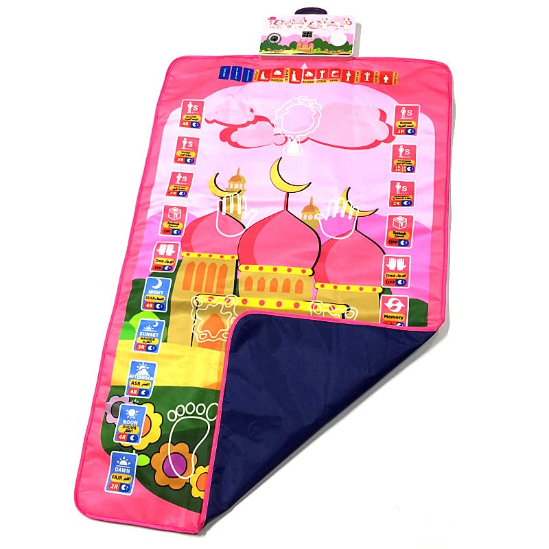 Qlonn Kids Muslim Prayer Rug - Electronic Islamic Prayer Carpet Mat, Teaching Talking Music Mat with Worship Step Guide for Kids (Pink)