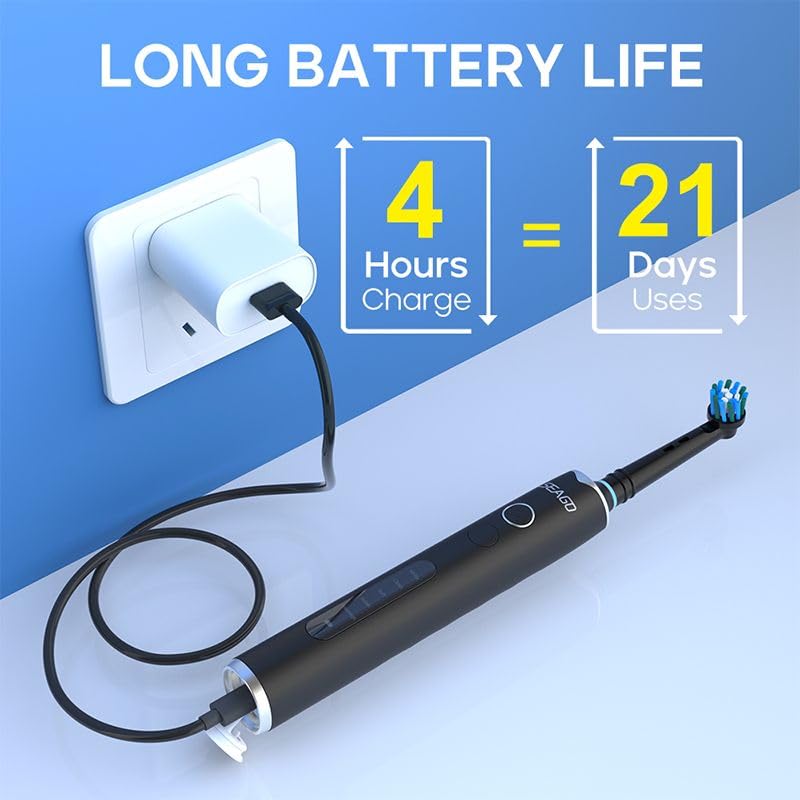 Electric Toothbrush for Adults with 3 Brush Heads, 5 Modes Rechargeable Power Toothbrush, 2 Min Smart Timer and IPX7 Waterproof (Black)