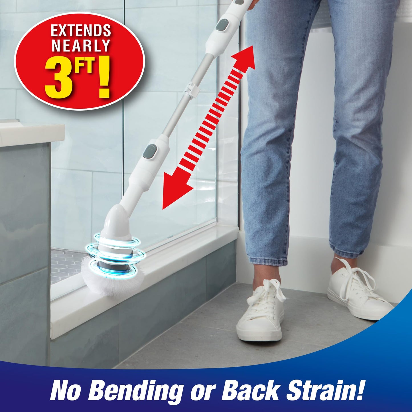 Voom Electric Spin Scrubber, Cordless Shower Spinning Brush with 2 Replaceable Brush Heads & Adjustable Handle, Rechargeable Spinning Brush for Cleaning Bathroom Tub, Floor & Wall Tiles, Car Wheels