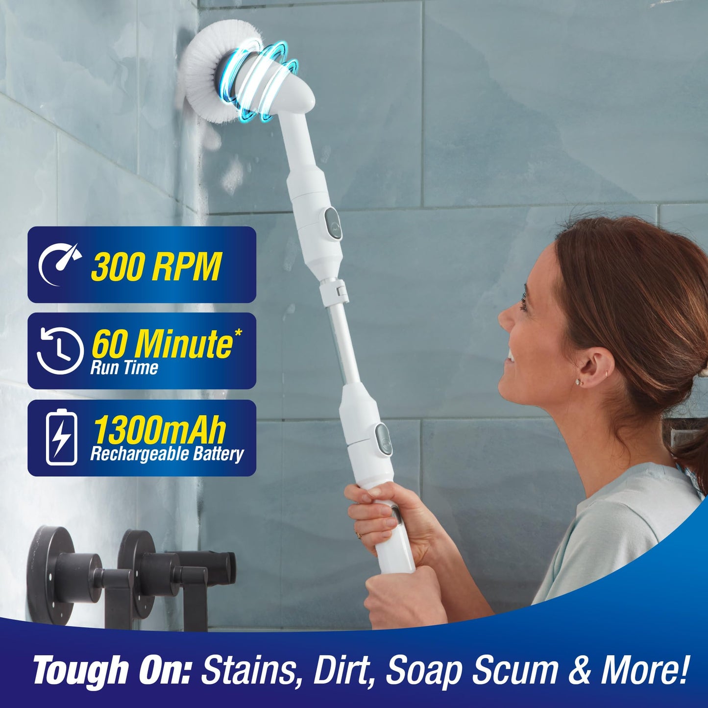 Voom Electric Spin Scrubber, Cordless Shower Spinning Brush with 2 Replaceable Brush Heads & Adjustable Handle, Rechargeable Spinning Brush for Cleaning Bathroom Tub, Floor & Wall Tiles, Car Wheels
