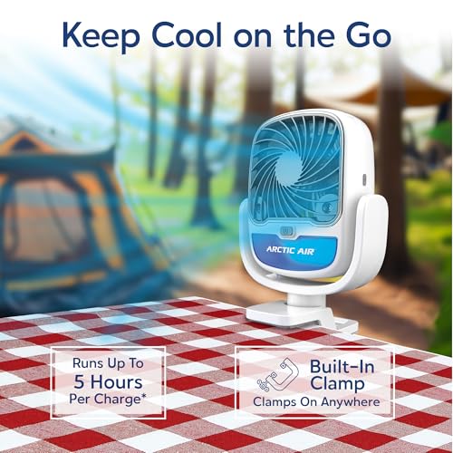 Arctic Air Grip Go Evaporative Cooler, Cordless & Portable Fan with 3 Speeds, Universal Clamp 360 Degrees Head Swivel, USB Charging, 5-Hour Battery, Personal for Home, Office, Car More, White