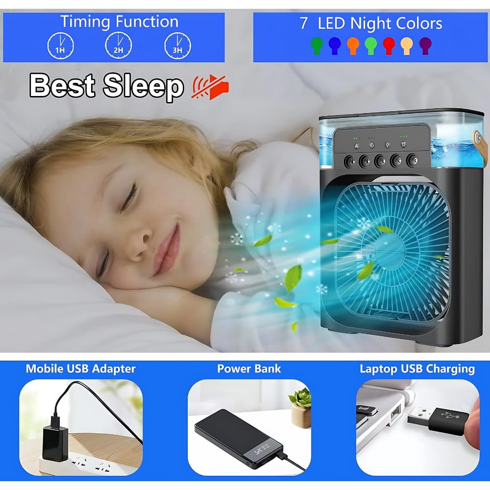 Drumstone Personal Air Cooler, Portable Air Conditioner Fan, 3 Wind Speeds and 3 Spray Modes, Mini Evaporative Cooler with 7 Colors LED Light, 1/2/3 H Timer - Black