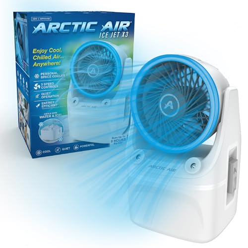 Arctic Air Ice Jet X3 Portable Air Cooler,Dual Mist Modes, Up to 8-Hour Cooling Time, 3-Speed Portable Cooler with Adjustable Airflow, USB C, LED Mood Light, Lightweight, Great for Home & Travel