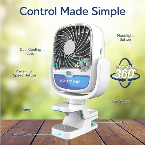 Arctic Air Grip Go Evaporative Cooler, Cordless & Portable Fan with 3 Speeds, Universal Clamp 360 Degrees Head Swivel, USB Charging, 5-Hour Battery, Personal for Home, Office, Car More, White