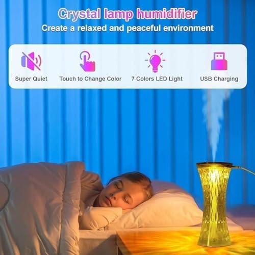 Crystal Table Lamp Humidifier, Cool Mist, 7 Colors LED Night Light, Aromatherapy Diffuser, USB Charging