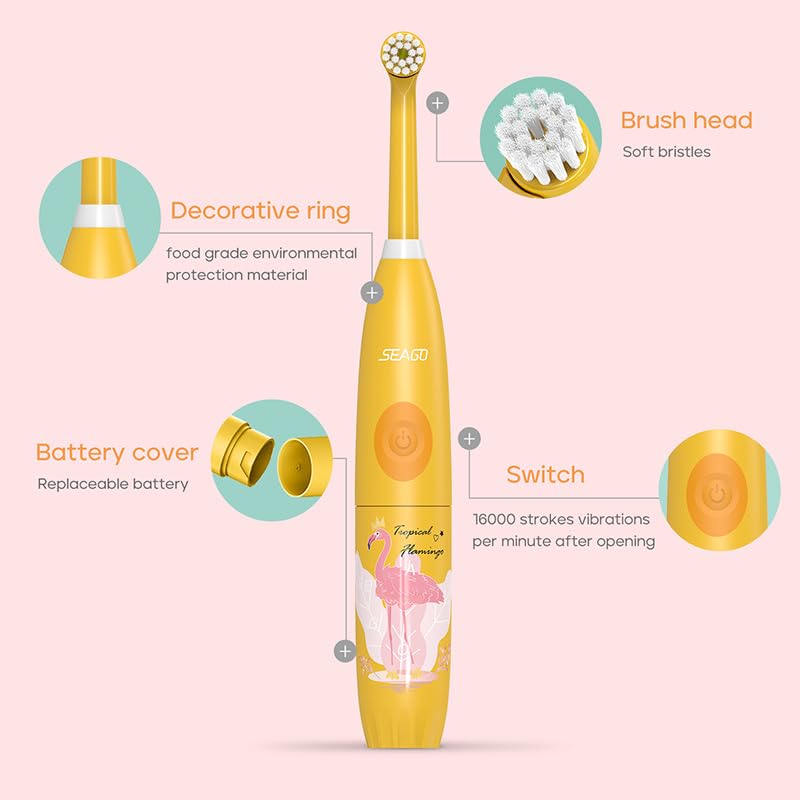 Kids Electric Toothbrush with Sonic Technology, Rechargeable, Soft Bristles, Heads, DIY Flamingo Stickers, Modes, Ideal for Ages 3–12, Perfect Girls Toddler Toothbrush