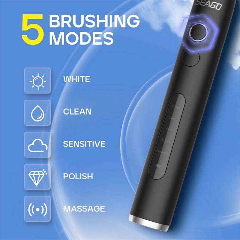 Electric Toothbrush for Adults with 3 Brush Heads, 5 Modes Rechargeable Power Toothbrush, 2 Min Smart Timer and IPX7 Waterproof (Black)