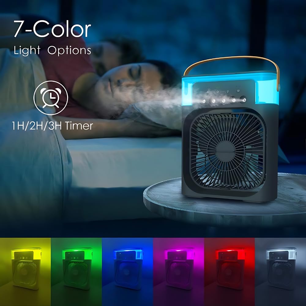 Drumstone Personal Air Cooler, Portable Air Conditioner Fan, 3 Wind Speeds and 3 Spray Modes, Mini Evaporative Cooler with 7 Colors LED Light, 1/2/3 H Timer - Black