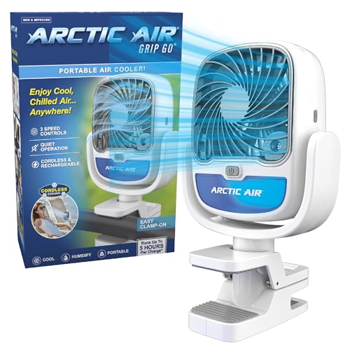 Arctic Air Grip Go Evaporative Cooler, Cordless & Portable Fan with 3 Speeds, Universal Clamp 360 Degrees Head Swivel, USB Charging, 5-Hour Battery, Personal for Home, Office, Car More, White