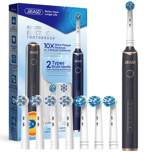 SEAGO Rotating Electric Toothbrush with 8 Round Brush Heads, with 5 Cleaning Modes, Sonic Technology Whitening Teeth in 14 Days, for Adult Children，SG-2603