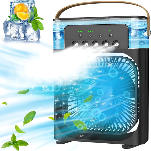 Drumstone Personal Air Cooler, Portable Air Conditioner Fan, 3 Wind Speeds and 3 Spray Modes, Mini Evaporative Cooler with 7 Colors LED Light, 1/2/3 H Timer - Black