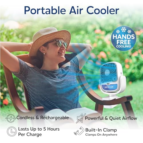 Arctic Air Grip Go Evaporative Cooler, Cordless & Portable Fan with 3 Speeds, Universal Clamp 360 Degrees Head Swivel, USB Charging, 5-Hour Battery, Personal for Home, Office, Car More, White