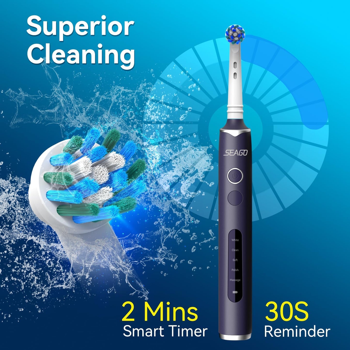 SEAGO Rotating Electric Toothbrush with 8 Round Brush Heads, with 5 Cleaning Modes, Sonic Technology Whitening Teeth in 14 Days, for Adult Children，SG-2603