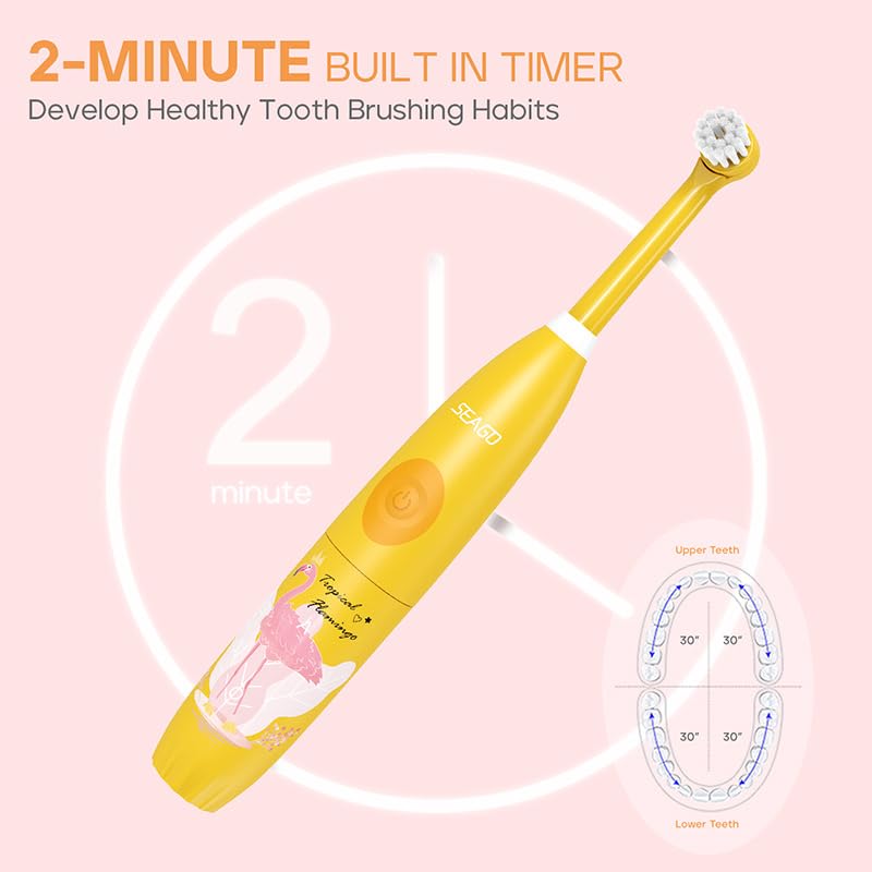 Kids Electric Toothbrush with Sonic Technology, Rechargeable, Soft Bristles, Heads, DIY Flamingo Stickers, Modes, Ideal for Ages 3–12, Perfect Girls Toddler Toothbrush