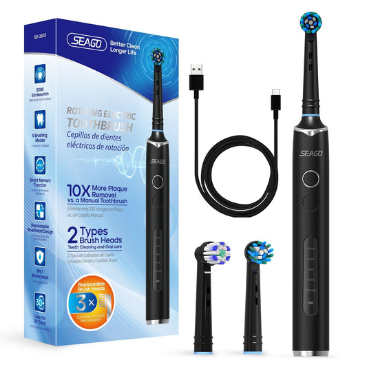 Electric Toothbrush for Adults with 3 Brush Heads, 5 Modes Rechargeable Power Toothbrush, 2 Min Smart Timer and IPX7 Waterproof (Black)