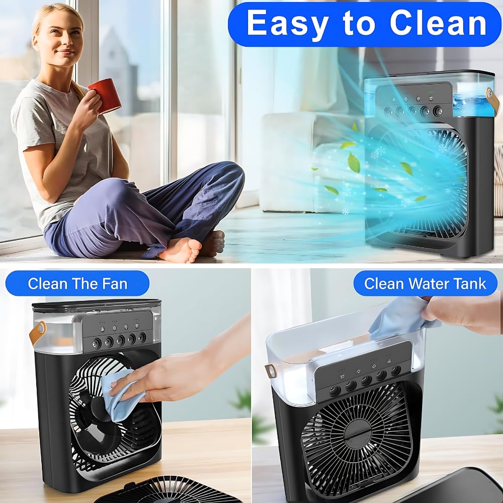 Drumstone Personal Air Cooler, Portable Air Conditioner Fan, 3 Wind Speeds and 3 Spray Modes, Mini Evaporative Cooler with 7 Colors LED Light, 1/2/3 H Timer - Black